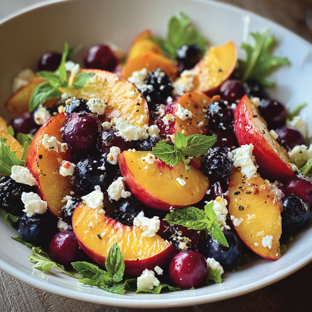 A bowl of fruit with blueberries, peaches, and mint.
