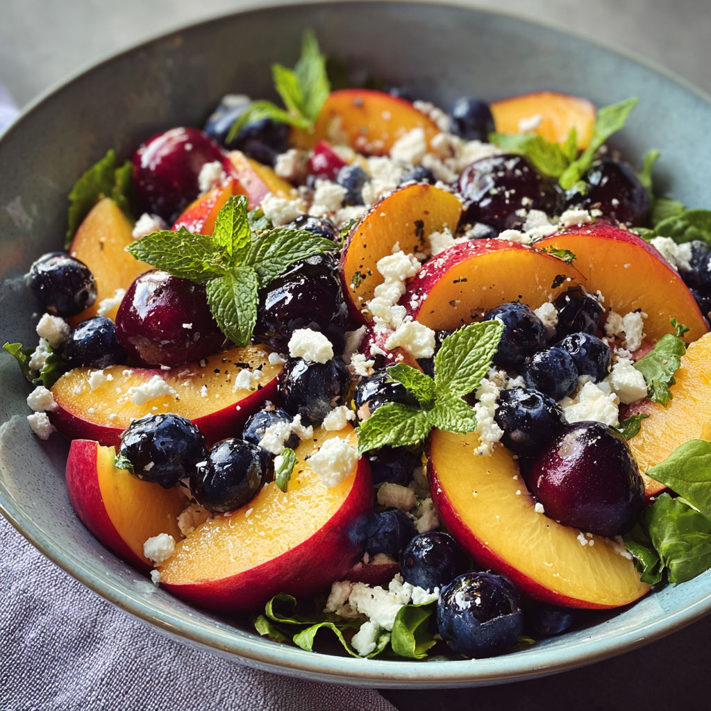 A bowl of fruit salad with blueberries, peaches, and mint.