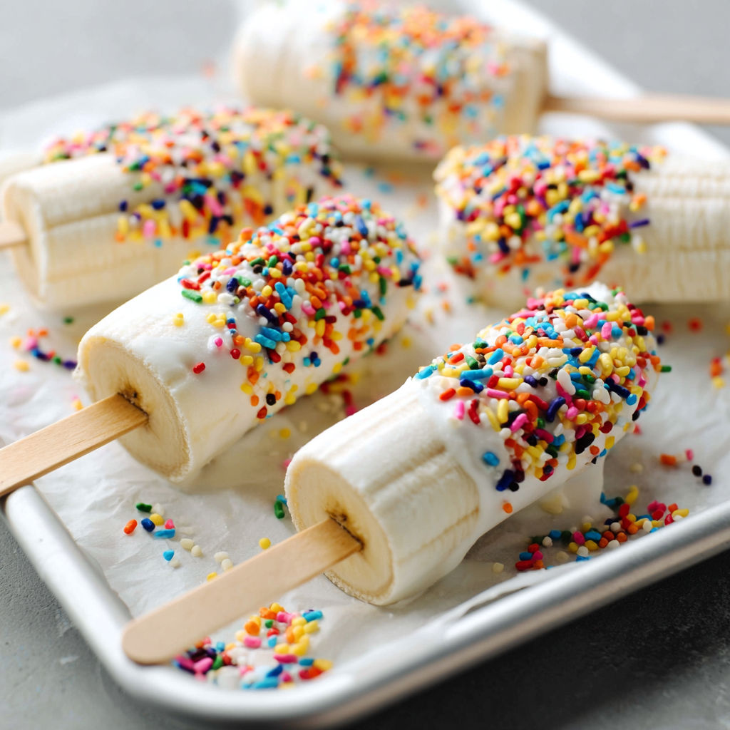 A plate of banana popsicles with sprinkles.