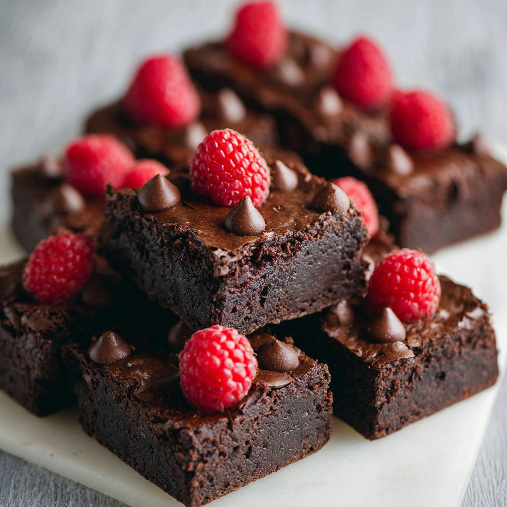 A stack of chocolate cake with raspberries on top.