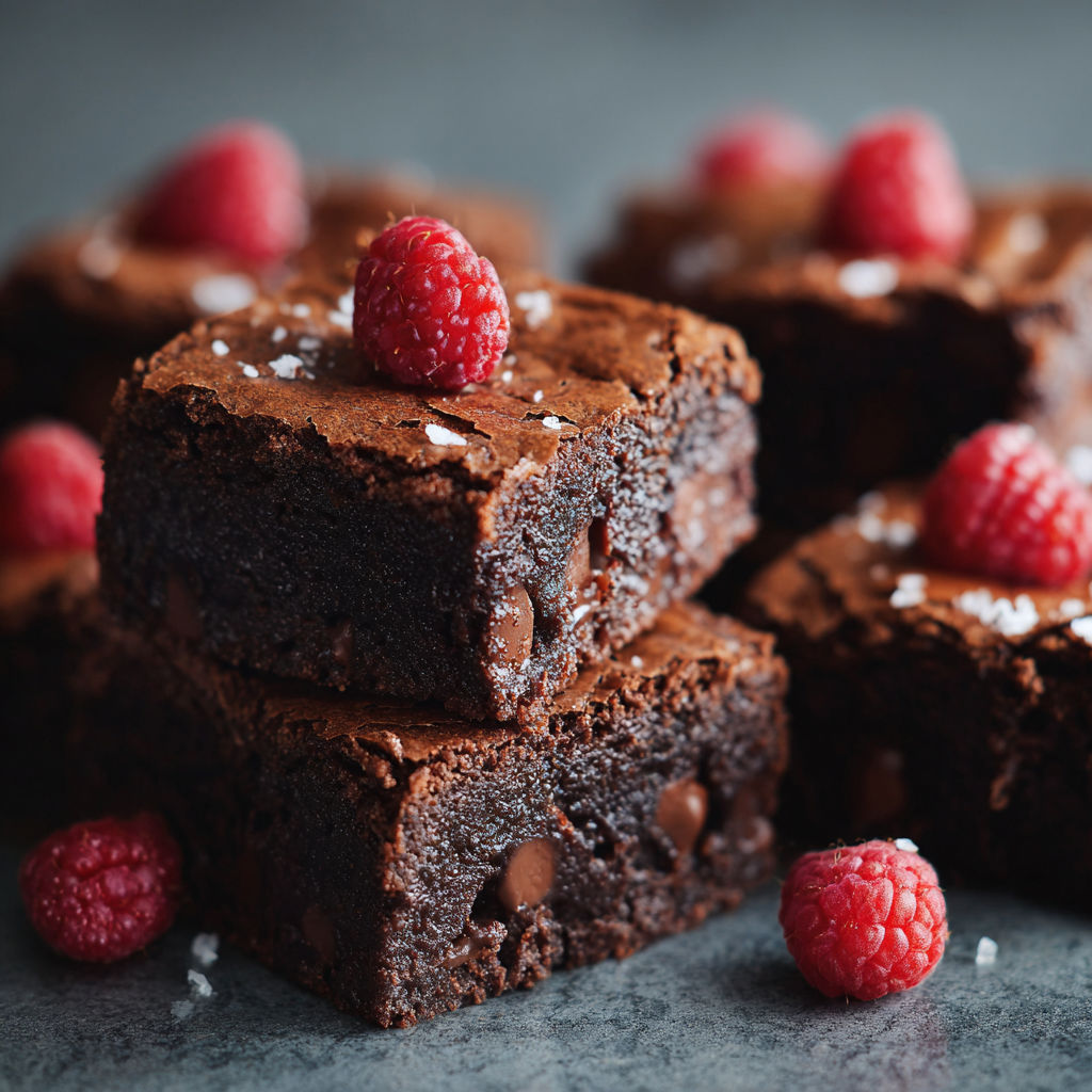A close up of a chocolate brownie with raspberries on top.