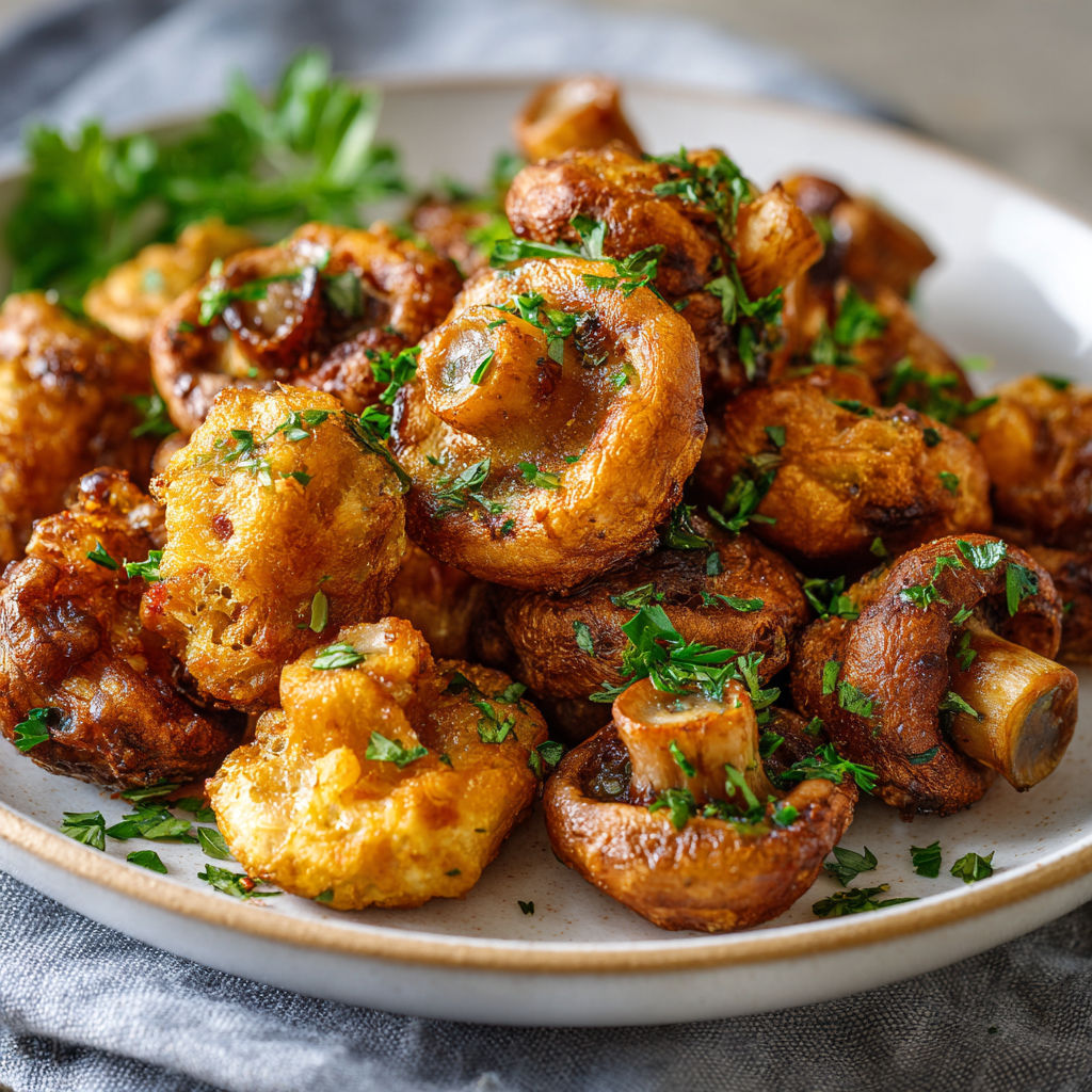 A plate of fried mushrooms.