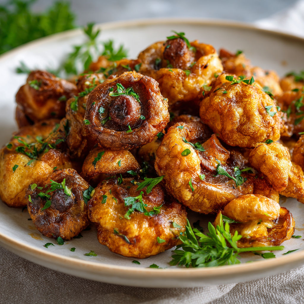 A plate of fried mushrooms.