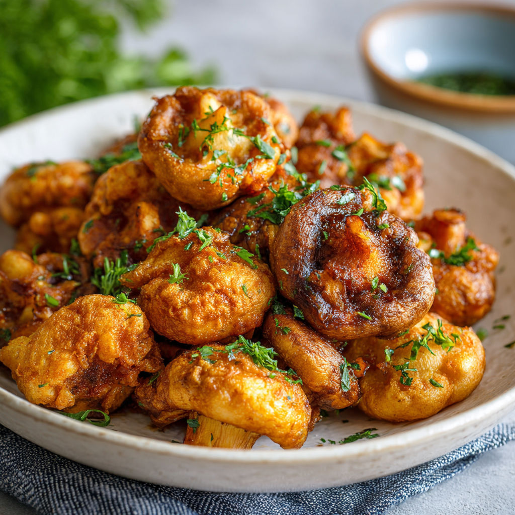 A plate of fried mushrooms.