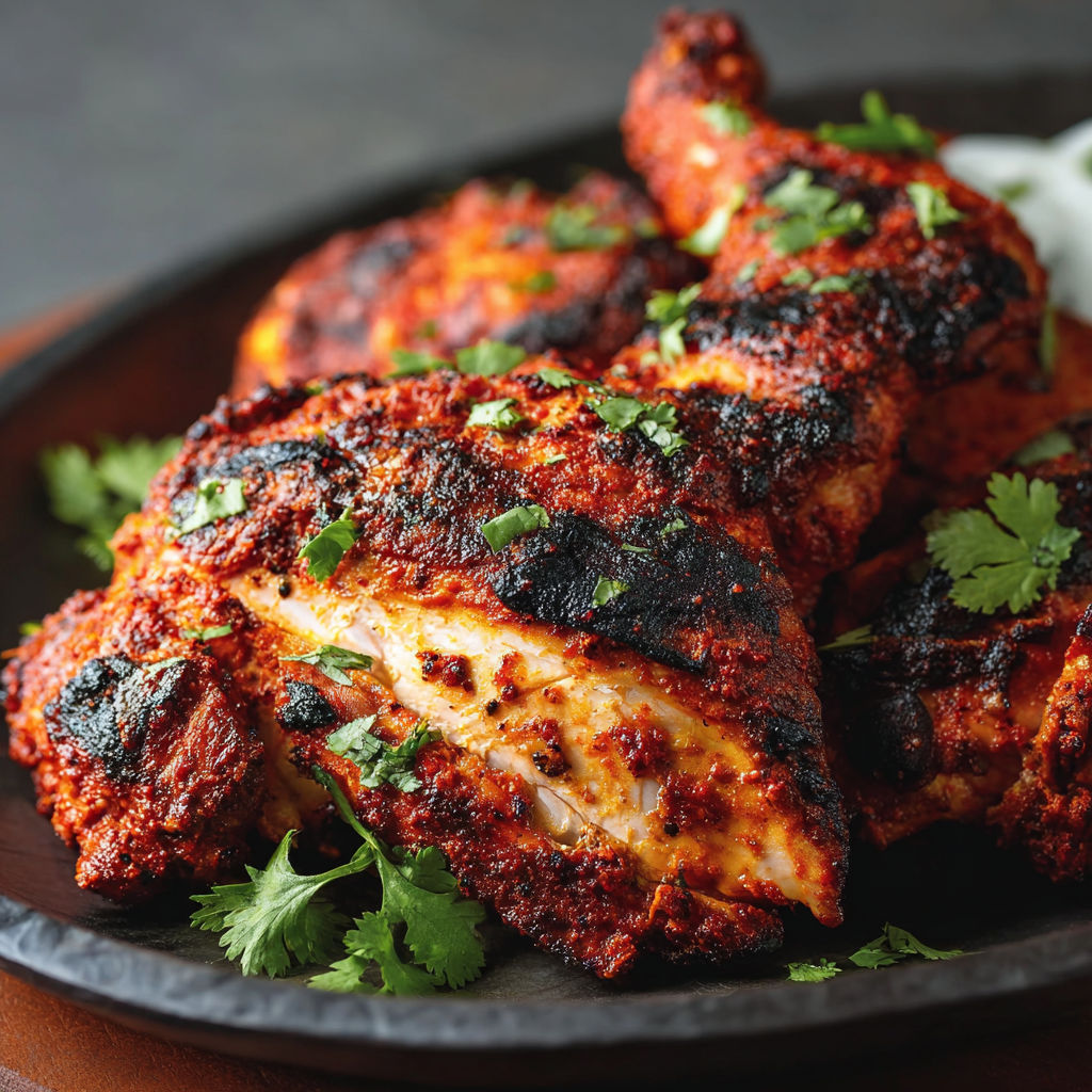 A plate of chicken with green herbs on top.