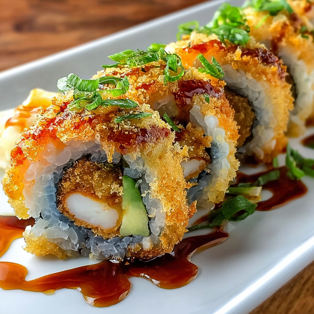 A plate of food with a crispy chicken tempura roll.