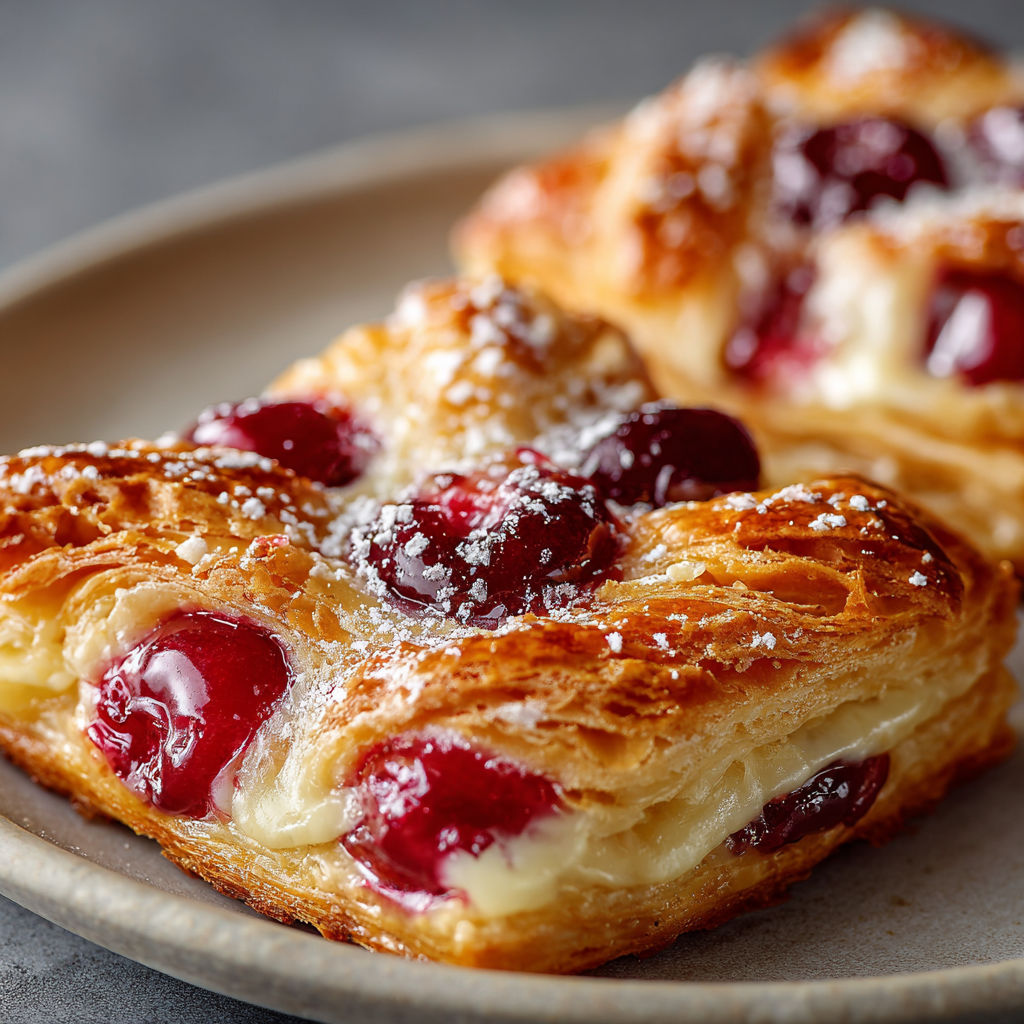 A pastry with powdered sugar and cherries on top.