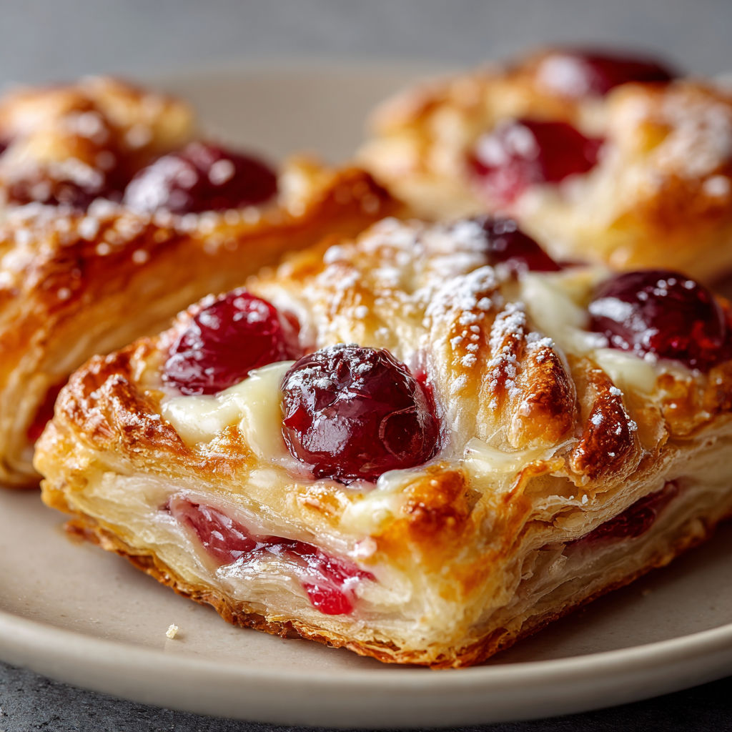 A pastry with a white powder on top and cherries on the side.