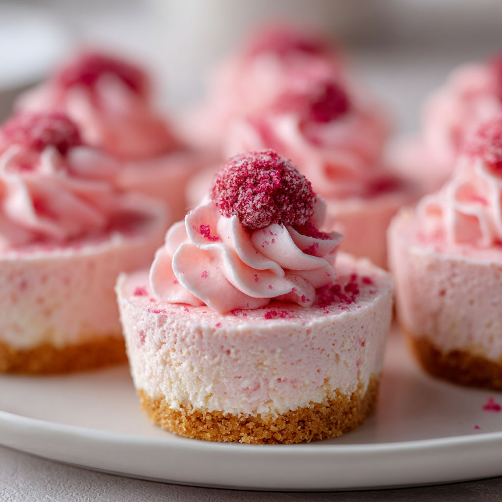 A plate of pink cheesecake bites with raspberries on top.