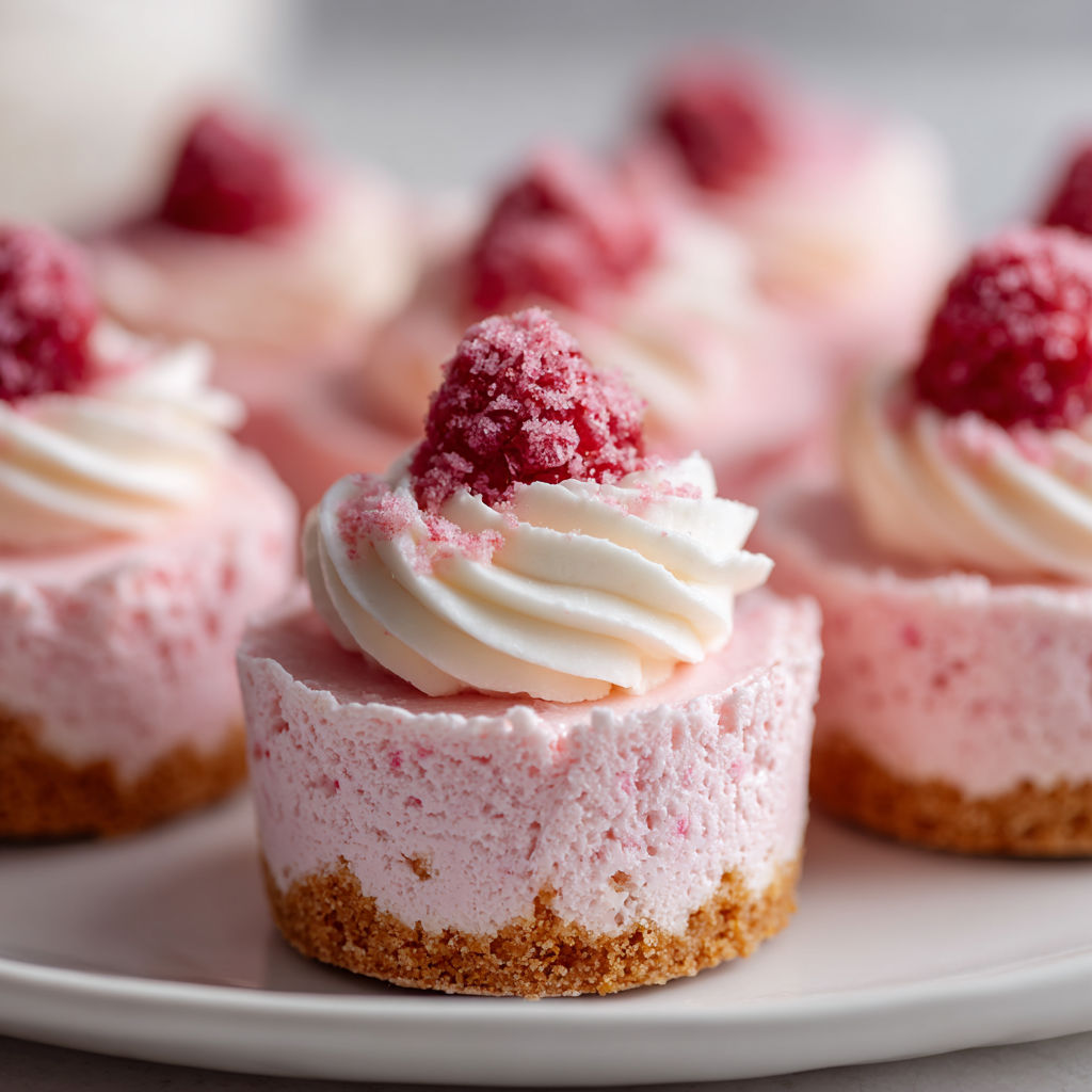 A plate of desserts with white frosting and pink raspberries.
