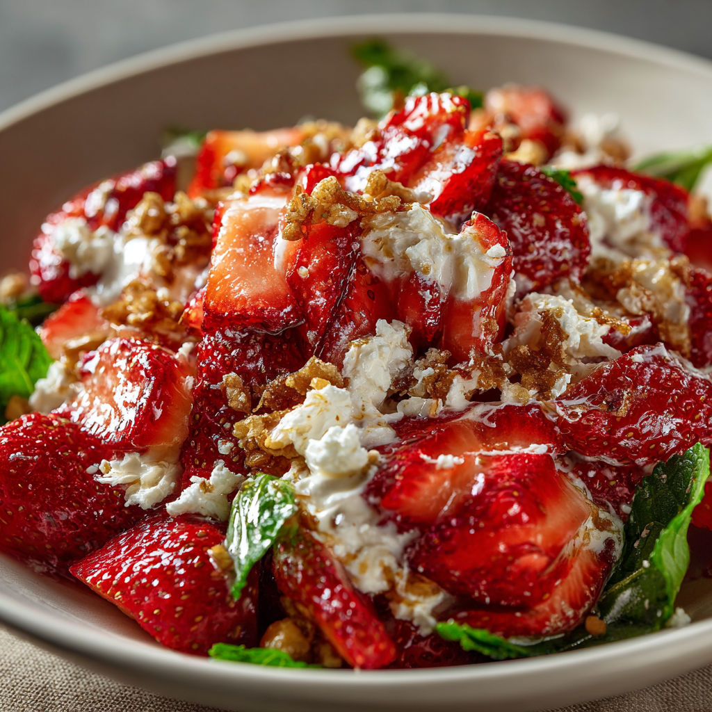 A bowl of strawberries with whipped cream.