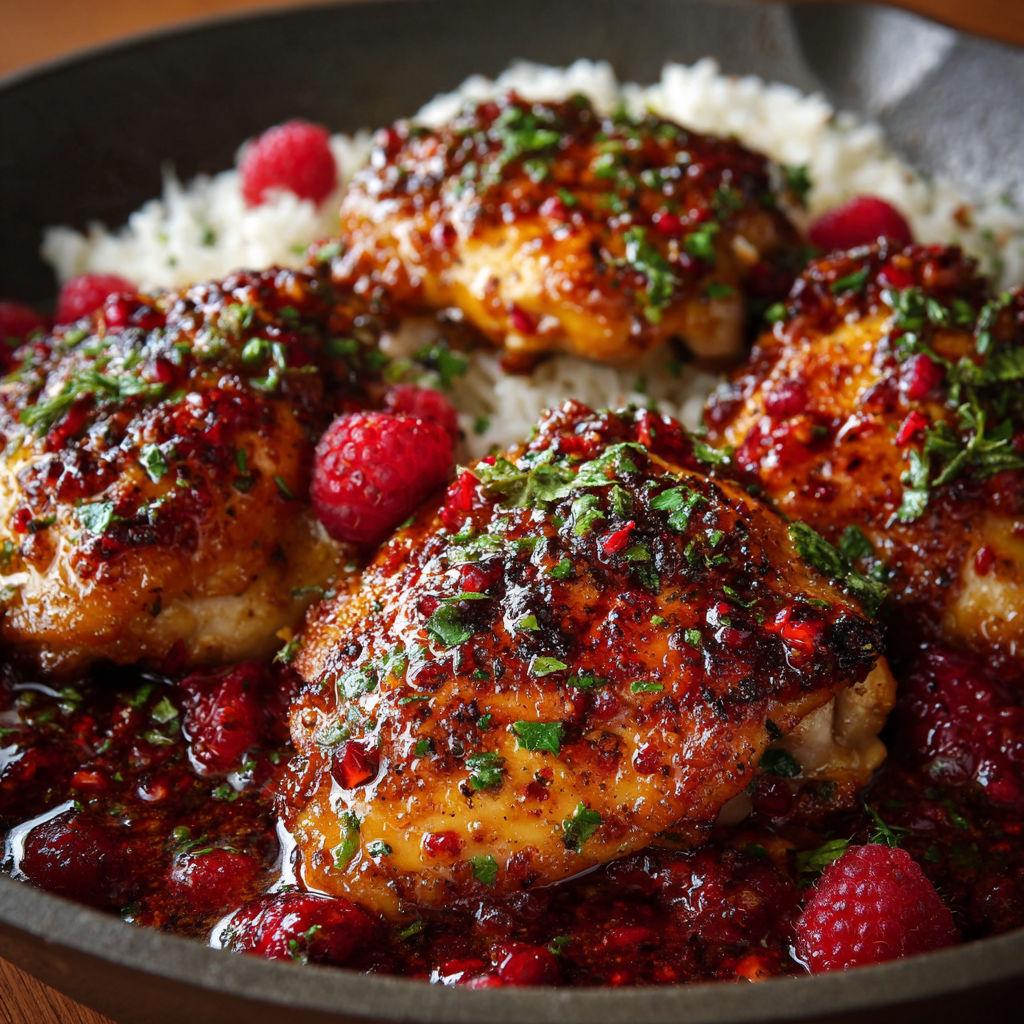 A bowl of food with chicken and raspberries.