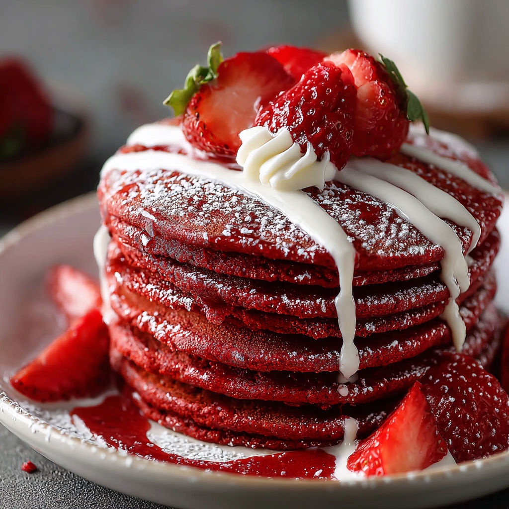 A stack of red velvet cake with white frosting and strawberries.