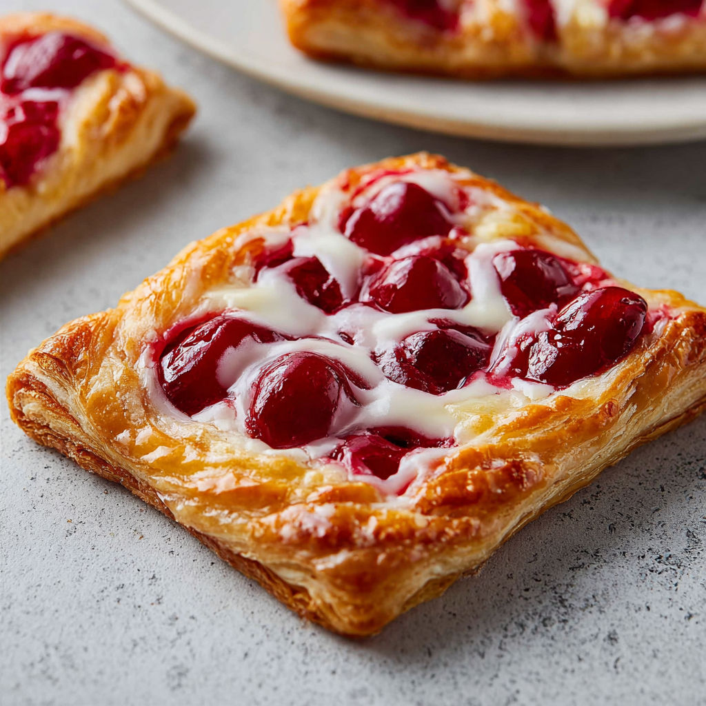 A pastry with cherries and cream cheese on top.