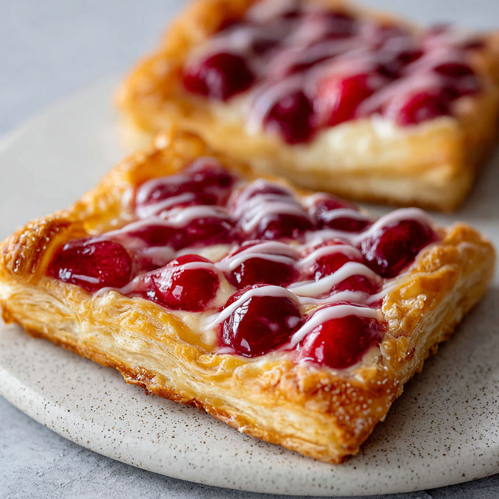 A pastry with cherries and cream cheese on top.