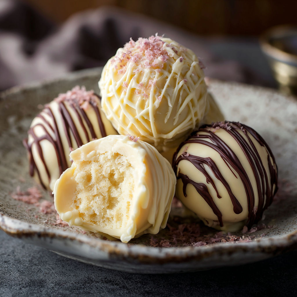 Three different flavored truffles on a plate.