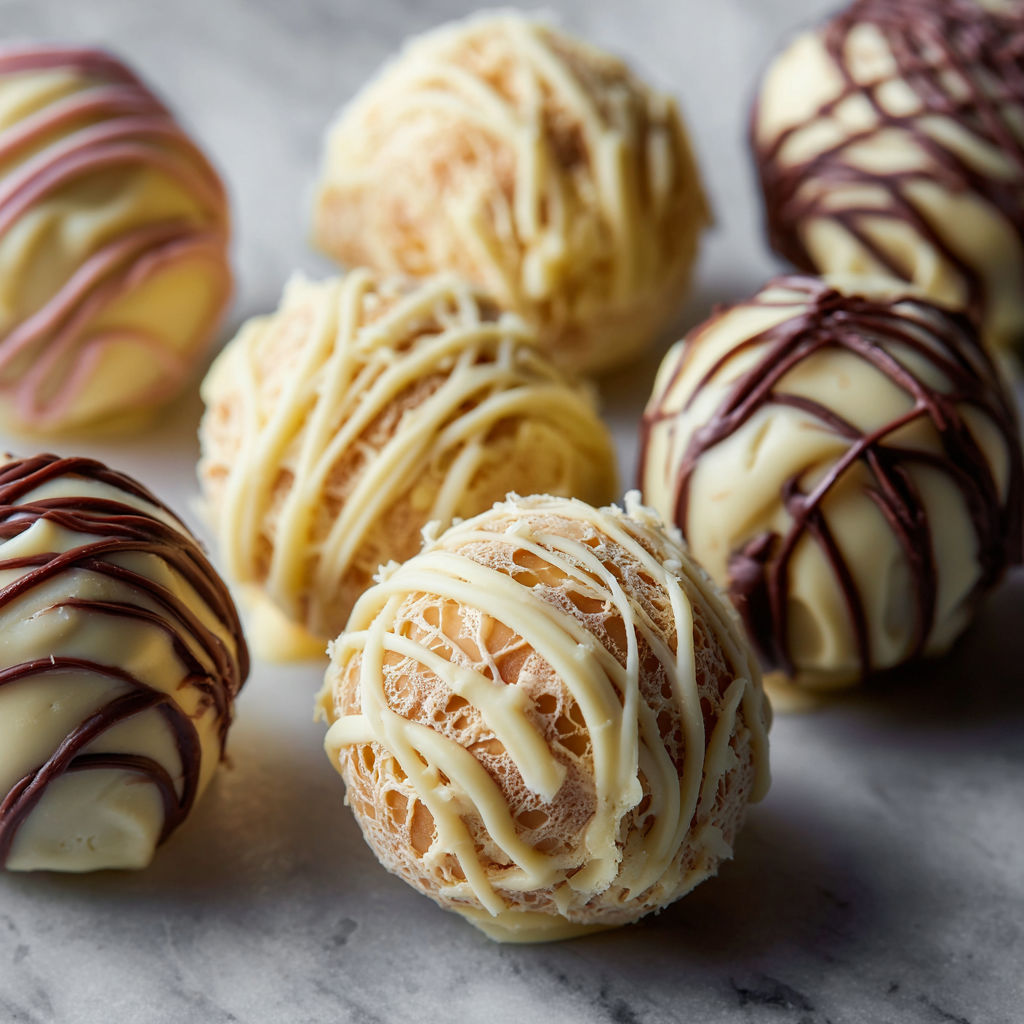 Chocolate and white candy balls on a table.