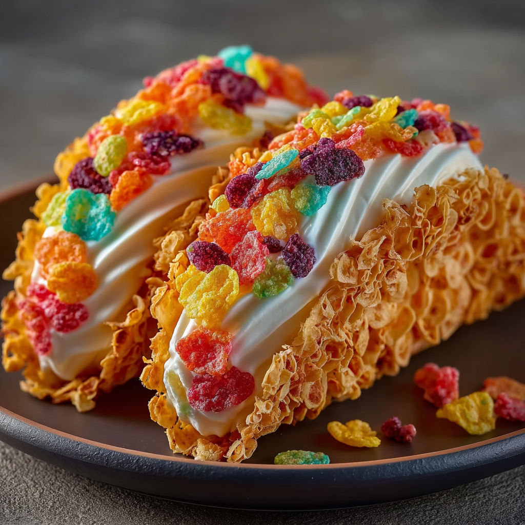 A plate with a dessert that looks like a Fruity Pebbles cereal taco.