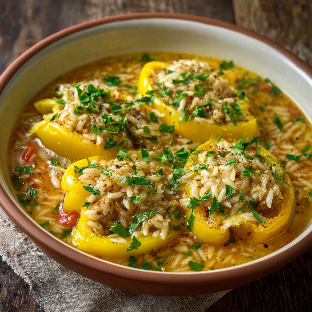 A bowl of soup with a pepper in it.