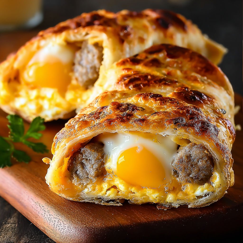Two sausage, egg, and cheese roll-ups on a wooden cutting board.