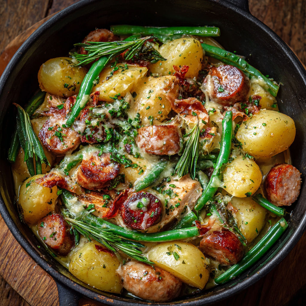 A bowl of food with chicken and potatoes.