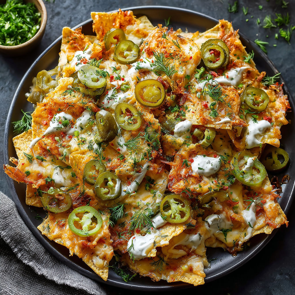 A plate of nachos with jalapenos and cheese.