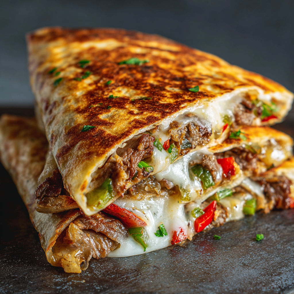 A sandwich with meat, cheese, and peppers.