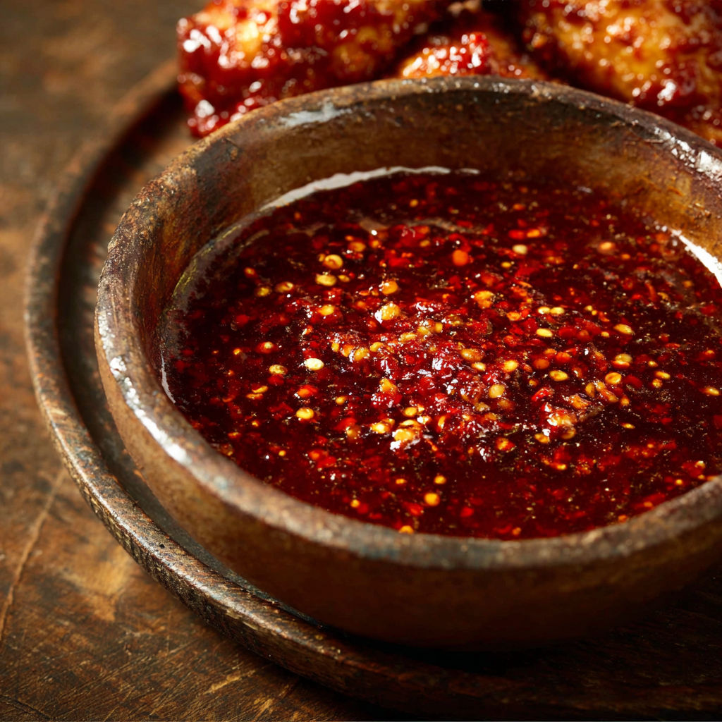 A bowl of sauce with a spoon in it.