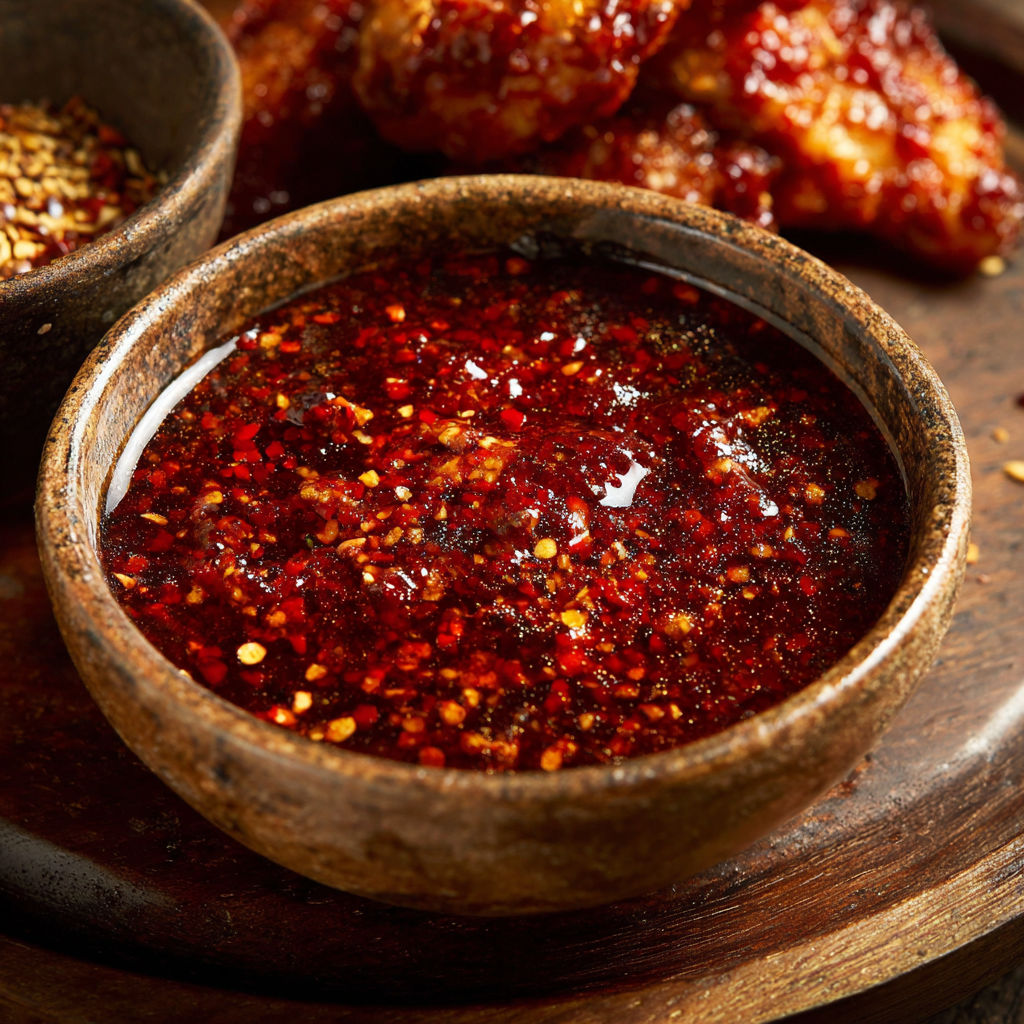 A bowl of red sauce with a spoon in it.
