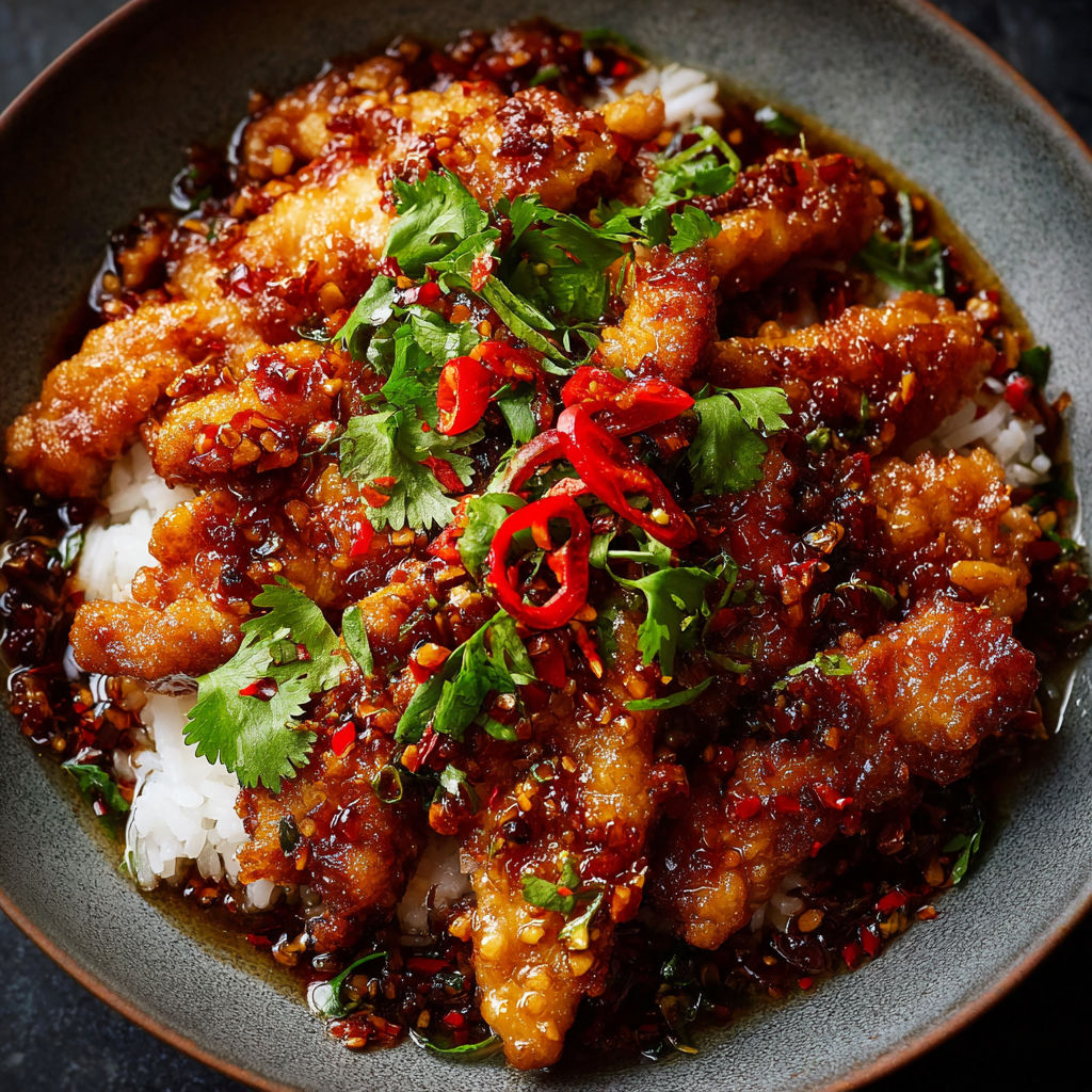 A bowl of Dragon Chicken with rice.