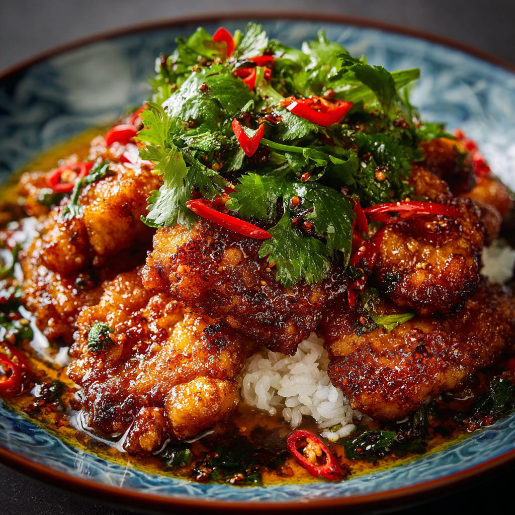 A plate of food with a green topping.