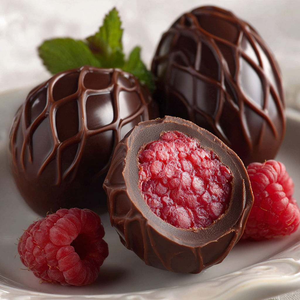 A chocolate covered raspberry with a strawberry on top.