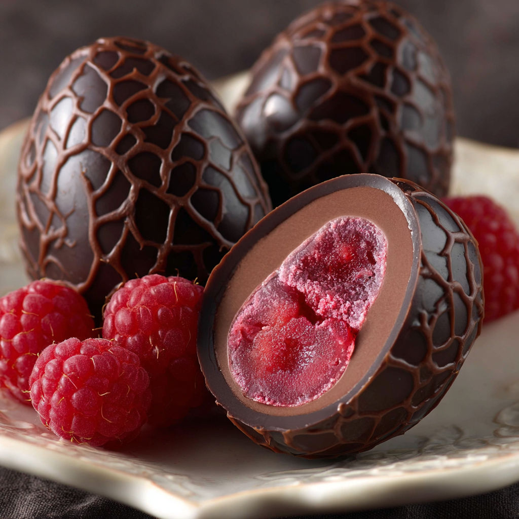 Chocolate eggs with raspberries on a plate.