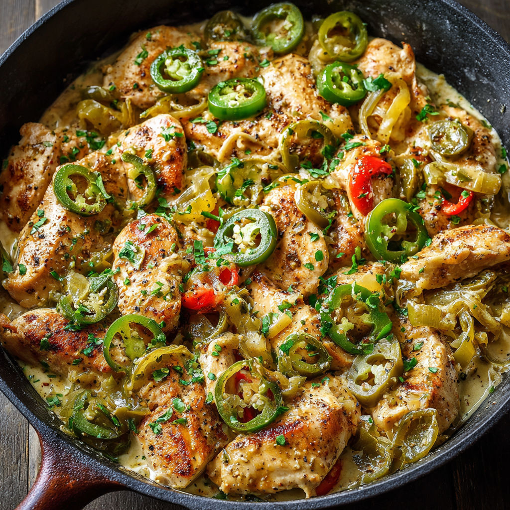 A pan of chicken with peppers and onions.