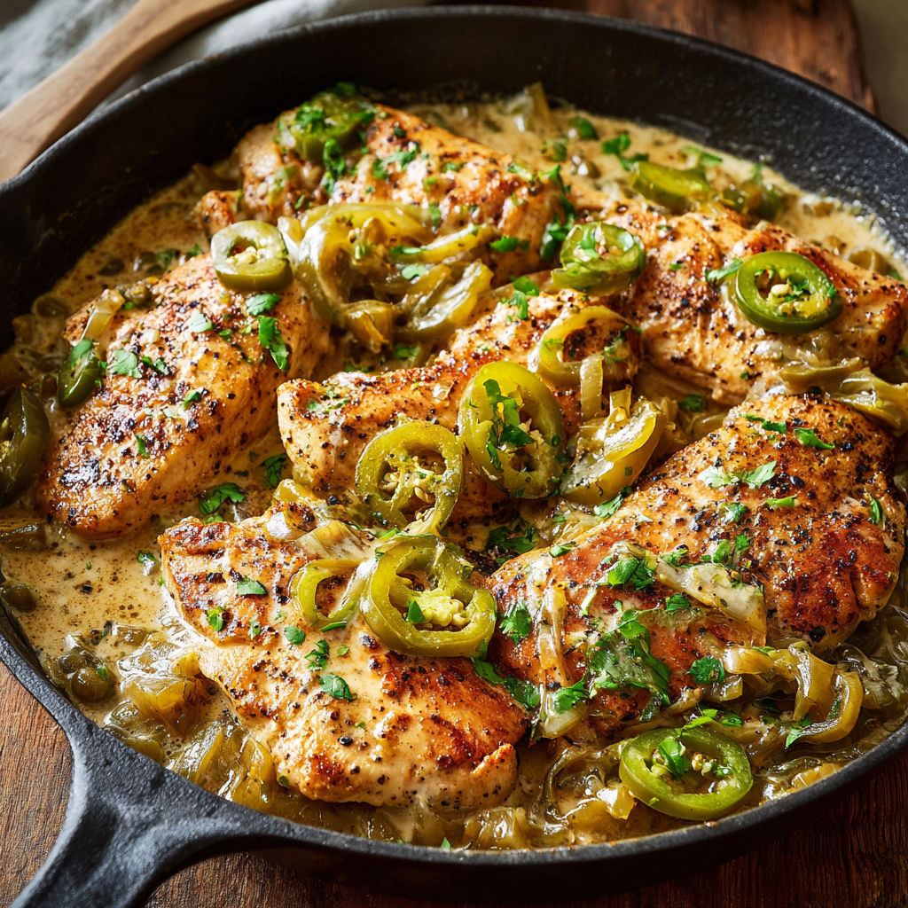 A pan of food with chicken and peppers.