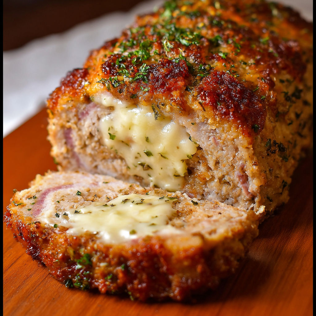 A piece of meatloaf with cheese on top.