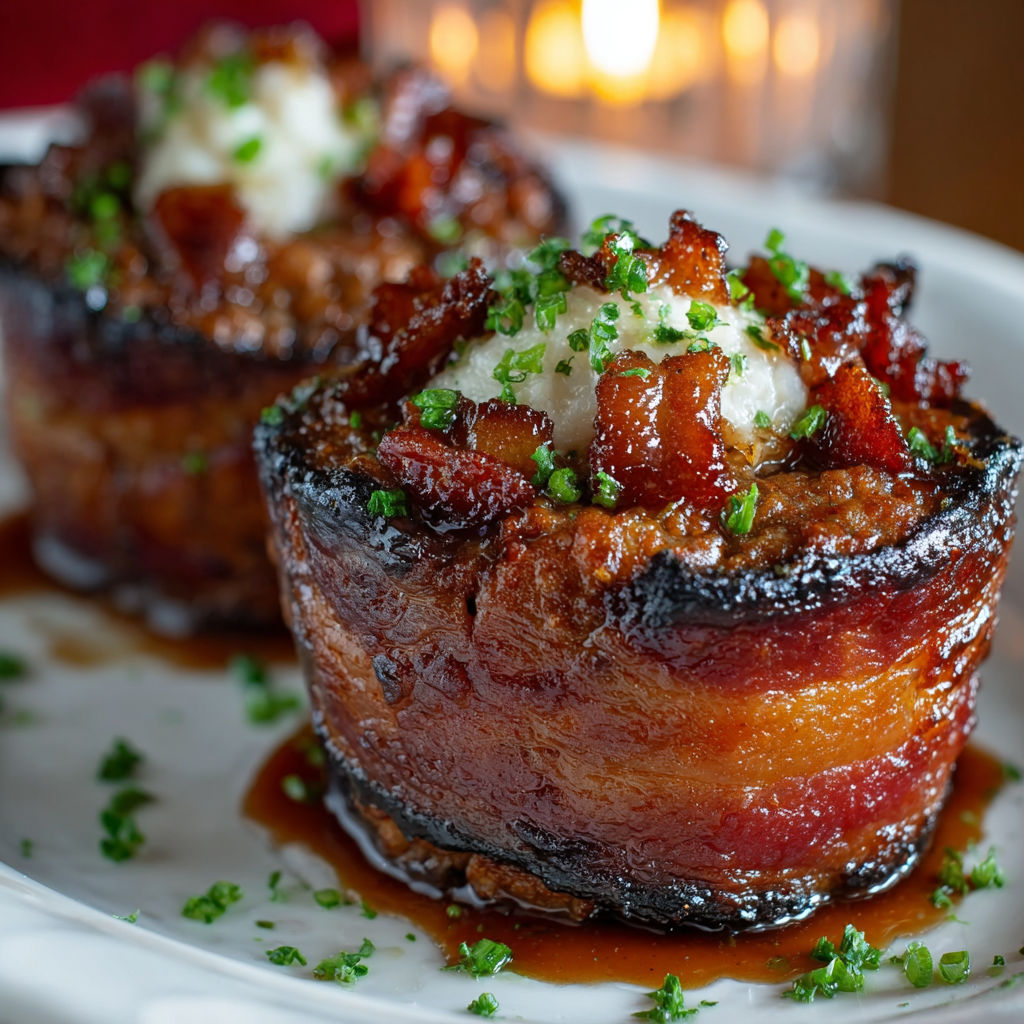 Two pieces of smoky bourbon BBQ beef bacon-wrapped meatloaf.