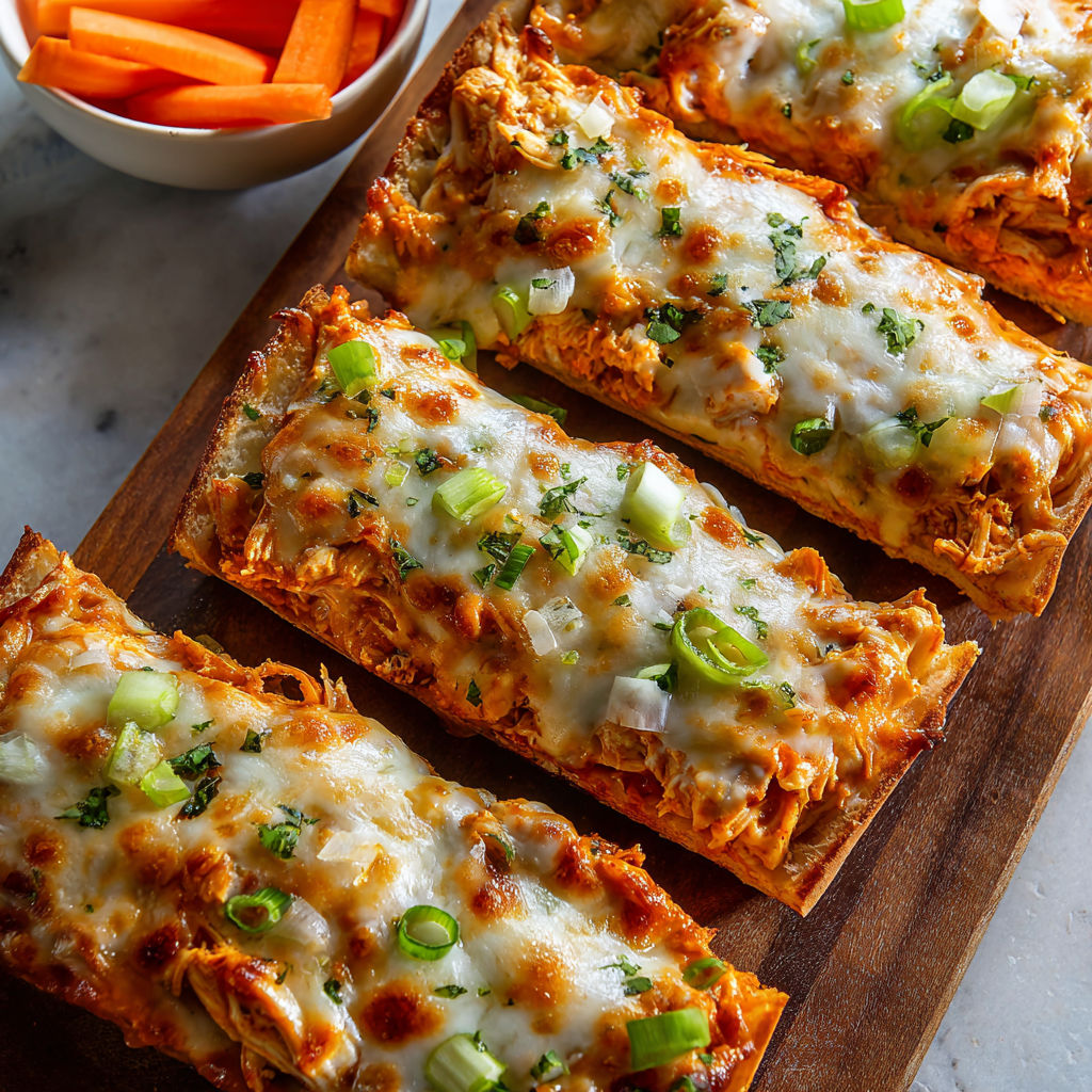 A plate of buffalo chicken french bread pizza.