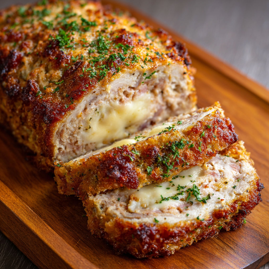 A piece of meat with cheese on it.