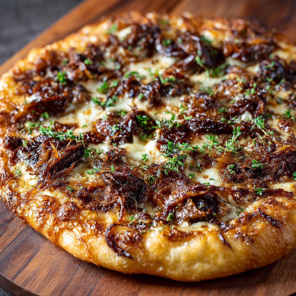 A pizza with meat and cheese on a wooden table.