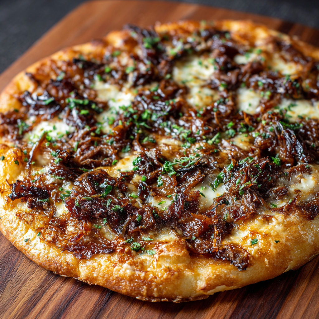 A pizza with meat and cheese on a wooden table.