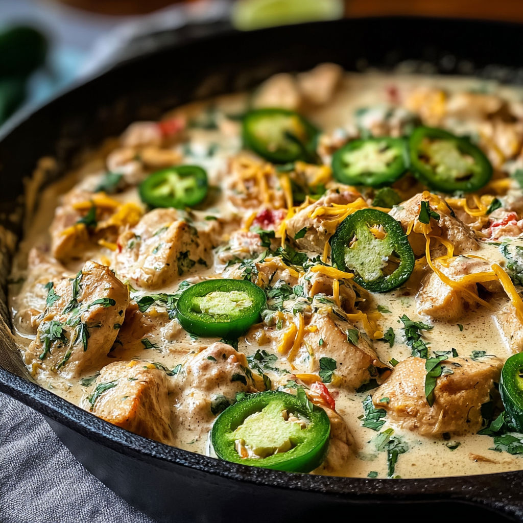 A skillet of jalapeo chicken with a spoon in it.