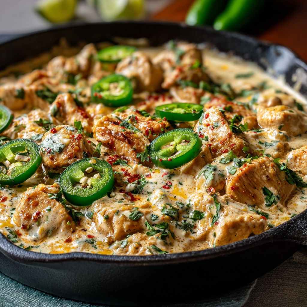 A pan of food with green peppers and chicken.