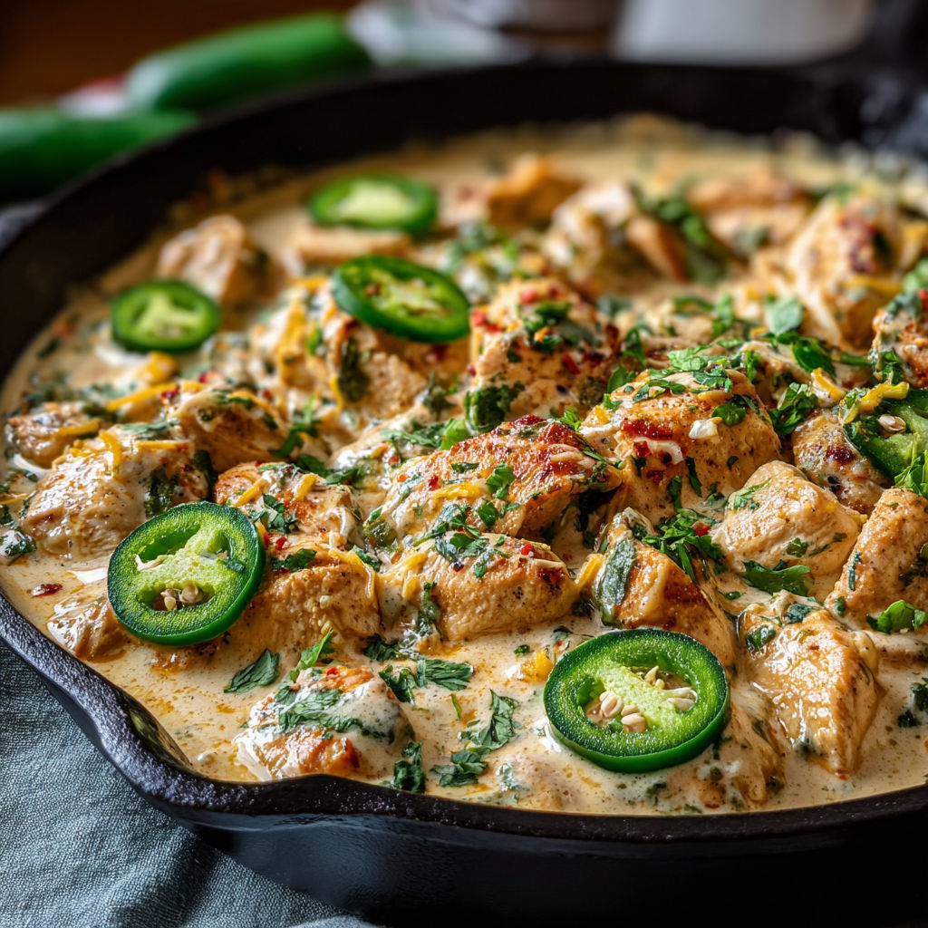 A pan of food with green peppers and chicken.