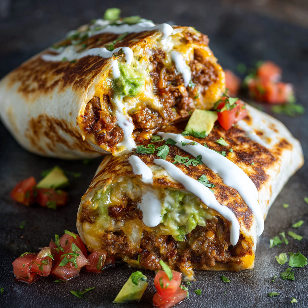 A burrito with white sauce and green toppings.