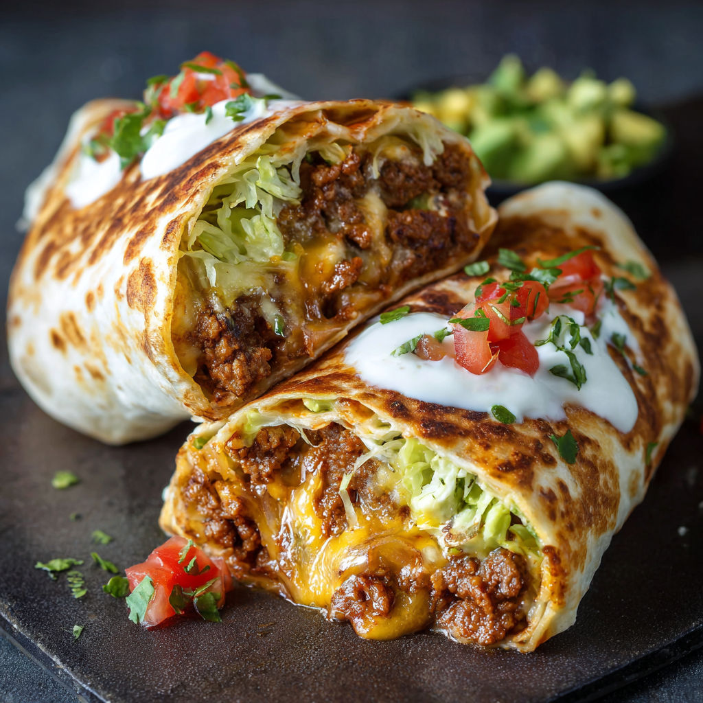 A burrito with lettuce and tomatoes.