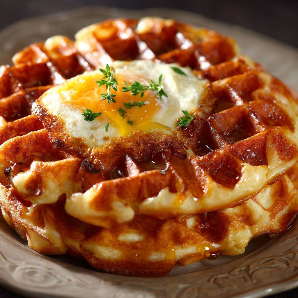 A waffle with a fried egg on top.