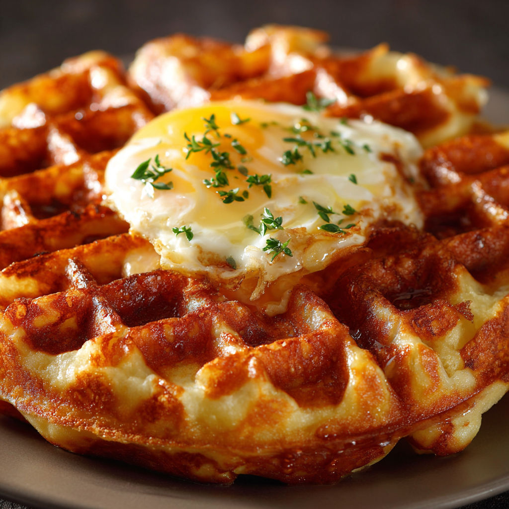 A waffle with a fried egg on top.