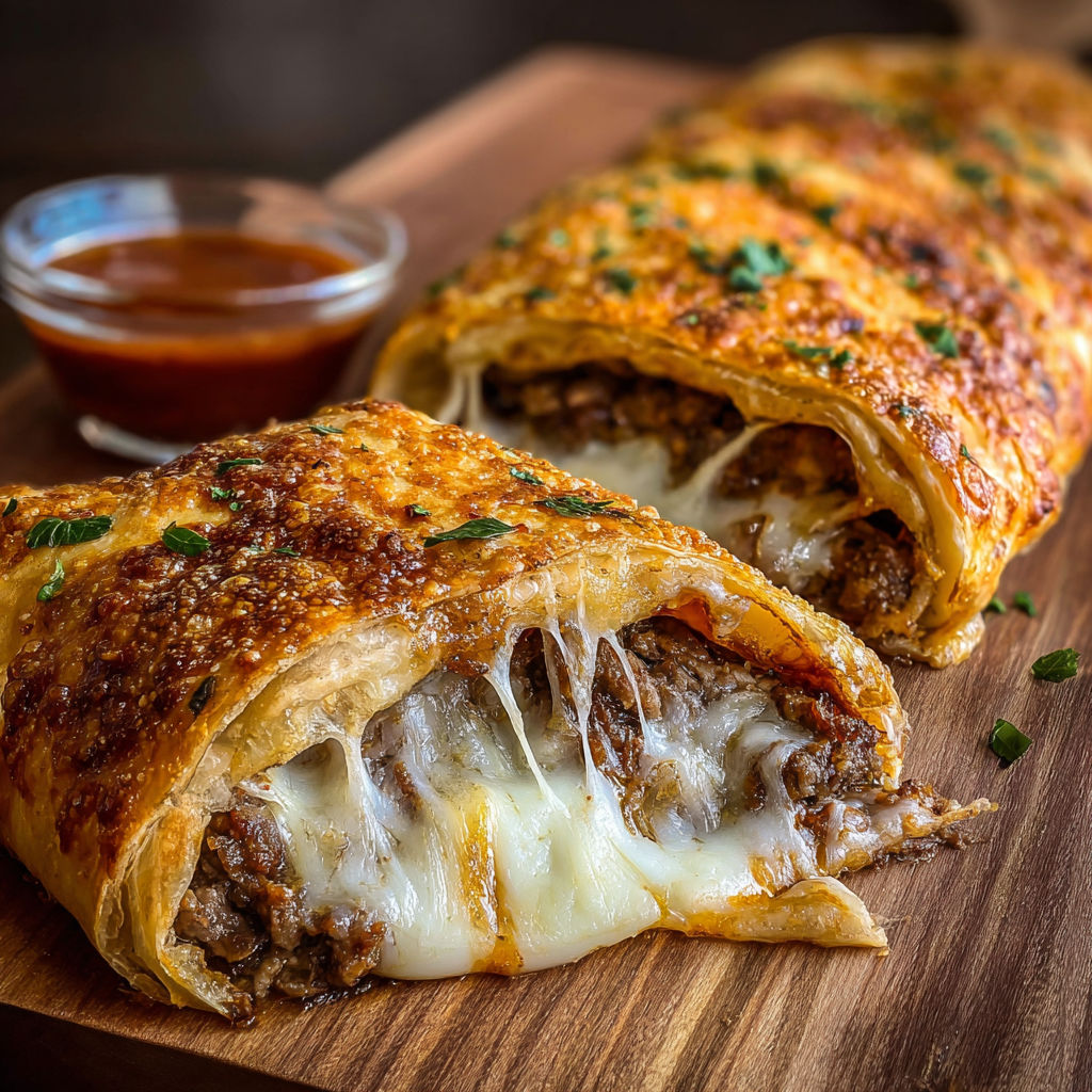 A delicious looking cheese steak stromboli on a wooden cutting board.