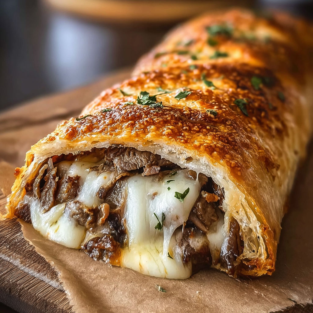 A mouthwatering mozzarella cheese steak stromboli recipe.